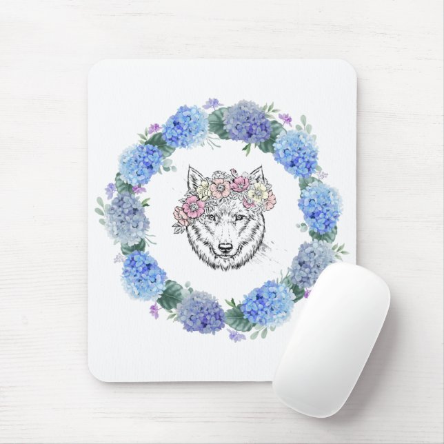 Cute Floral Blue Hydrangea Wolf Mousepad (With Mouse)