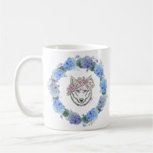 Cute Floral Blue Hydrangea Wolf Mug
