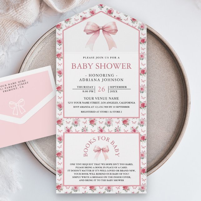 Cute Floral Blush Pink Coquette Bow Baby Shower All In One Invitation (Creator Uploaded)