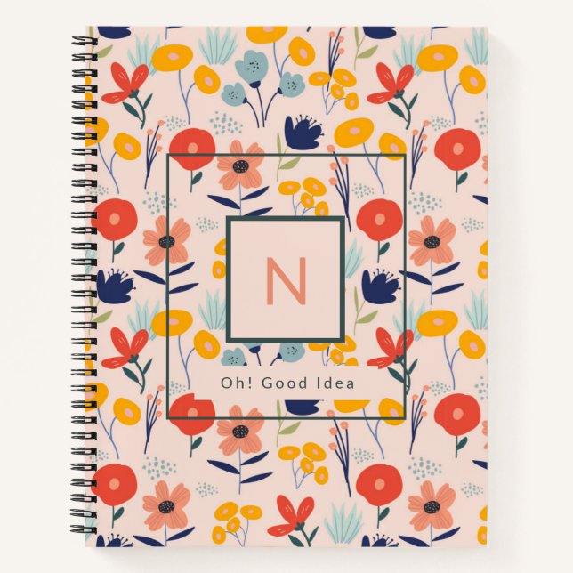 Cute Floral Blush Pink Pattern Monogram Notebook (Front)
