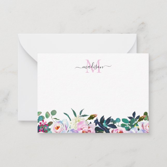 Cute Floral Blush Pink Peony Botanical Monogram Note Card (Front)