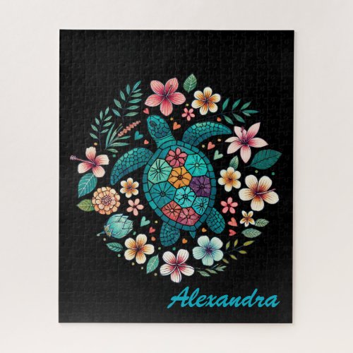 Cute Floral Boho Sea Turtle Custom Name  Jigsaw Puzzle