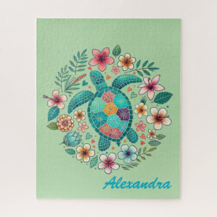 Cute Floral Boho Sea Turtle Custom Name  Jigsaw Puzzle