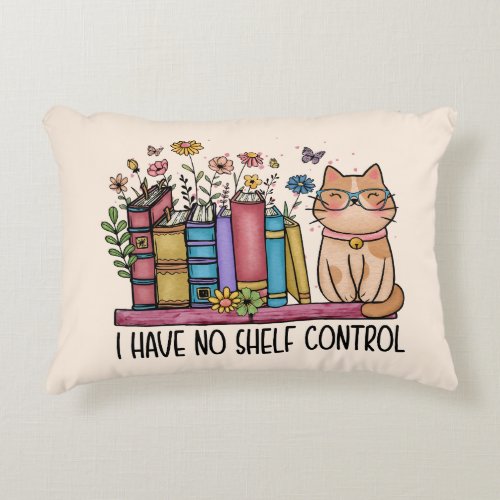 Cute Floral Books and Cat Accent Pillow