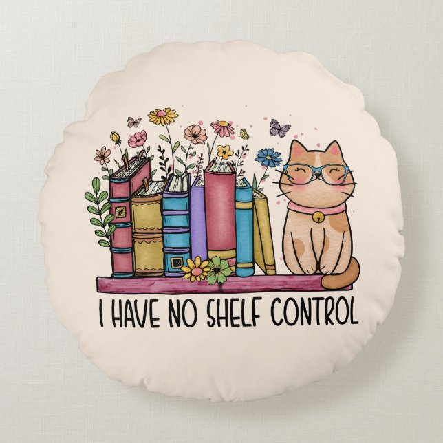 Cute Floral Books and Cat Round Pillow (Front)