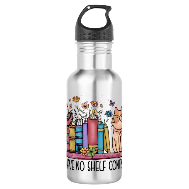 Cute Floral Books and Cat Stainless Steel Water Bottle (Front)