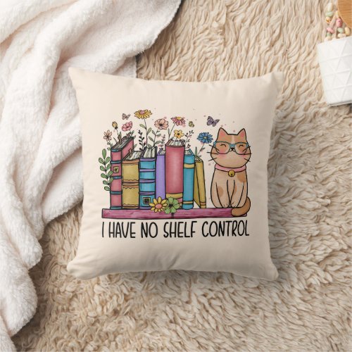 Cute Floral Books and Cat Throw Pillow