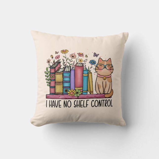 Cute Floral Books and Cat Throw Pillow (Front)
