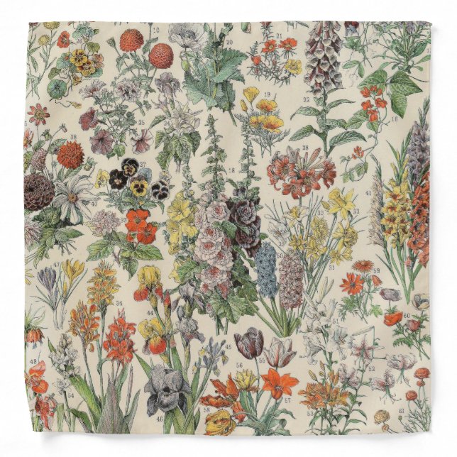 Cute Floral Botanical Drawing by Adolphe Millot Bandana (Front)