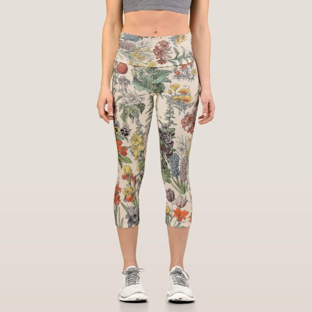 Cute Floral Botanical Drawing by Adolphe Millot Capri Leggings (Front)
