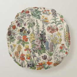Cute Floral Botanical Drawing by Adolphe Millot Round Pillow