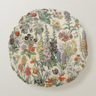 Cute Floral Botanical Drawing by Adolphe Millot Round Pillow
