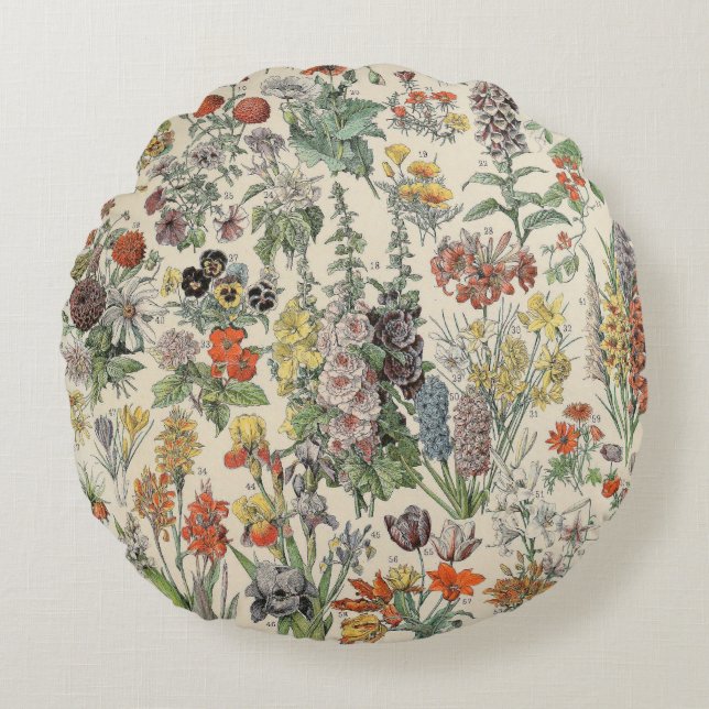 Cute Floral Botanical Drawing by Adolphe Millot Round Pillow (Front)