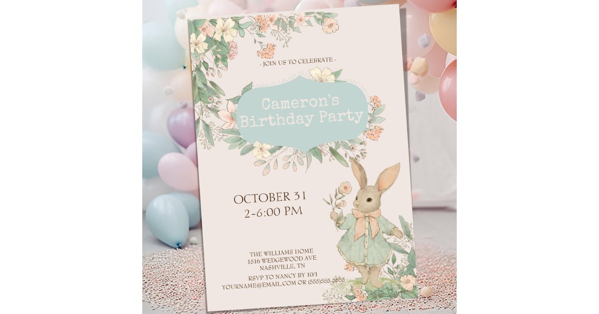 Cute Floral Bunny Birthday Invitation