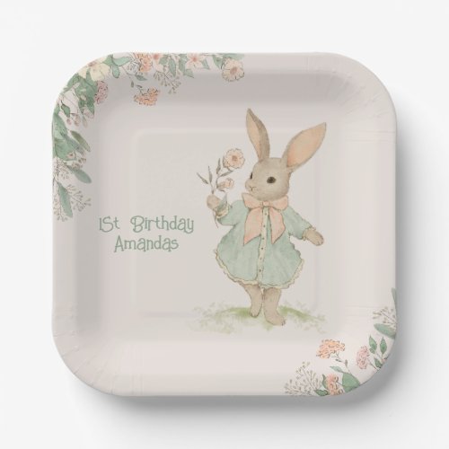 Cute Floral Bunny Birthday Paper Plates