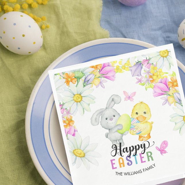 Cute Floral Bunny & Chick Easter Egg Hunt & Brunch Napkins (Creator Uploaded)