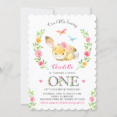 Cute Floral Bunny Girl 1st First Birthday Party Invitation (Front)