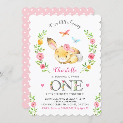 Cute Floral Bunny Girl 1st First Birthday Party Invitation