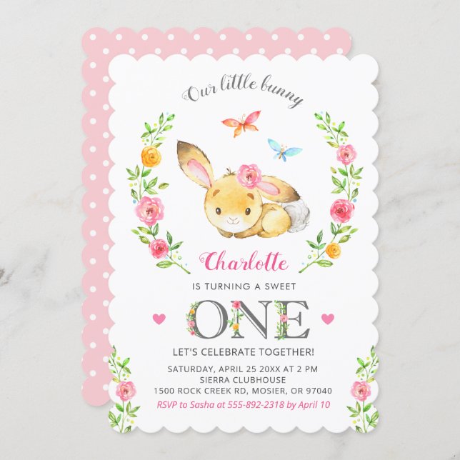 Cute Floral Bunny Girl 1st First Birthday Party Invitation (Front/Back)