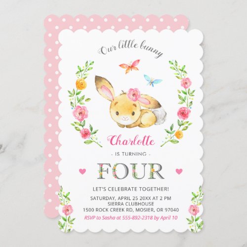 Cute Floral Bunny Girl 4th Fourth 4 Birthday Party Invitation