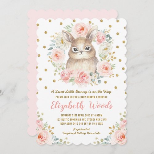 Cute Floral Bunny Girl Baby Shower Blush Pink Gold Invitation
