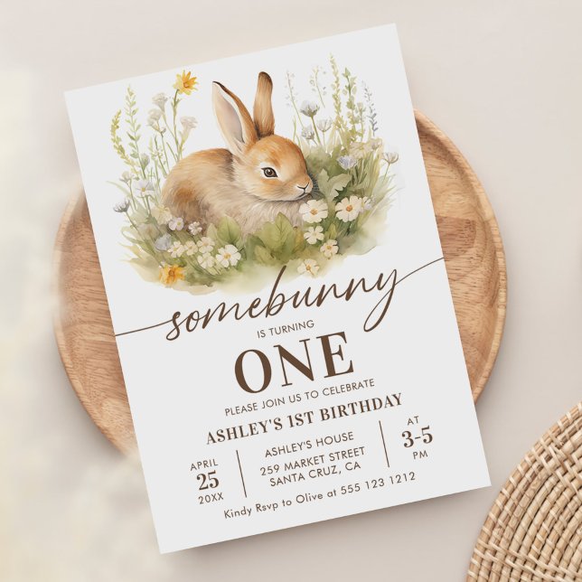 Cute Floral Bunny Girl First Birthday Party Invitation (Creator Uploaded)