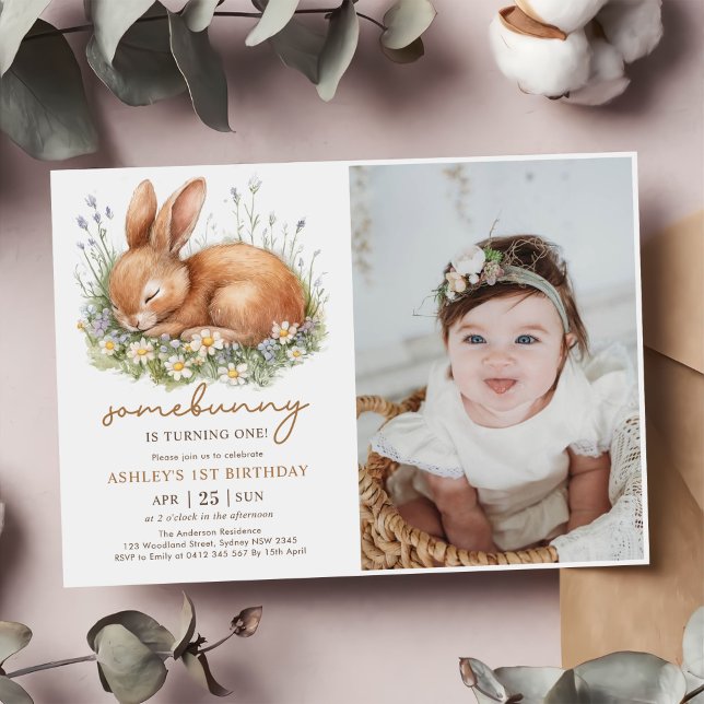 Cute Floral Bunny Girl First Birthday Party Photo Invitation (Creator Uploaded)