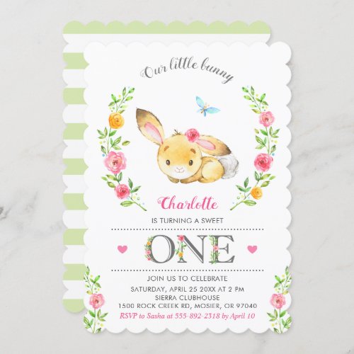 Cute Floral Bunny Girls 1st First Birthday Party Invitation