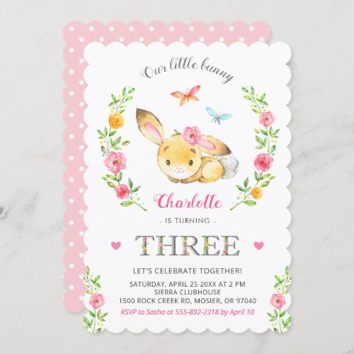 Cute Floral Bunny Girls 3rd Third Birthday Party Invitation