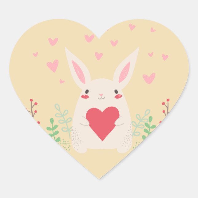 Cute Floral Bunny Kids Valentines Day Heart Sticker (Front)