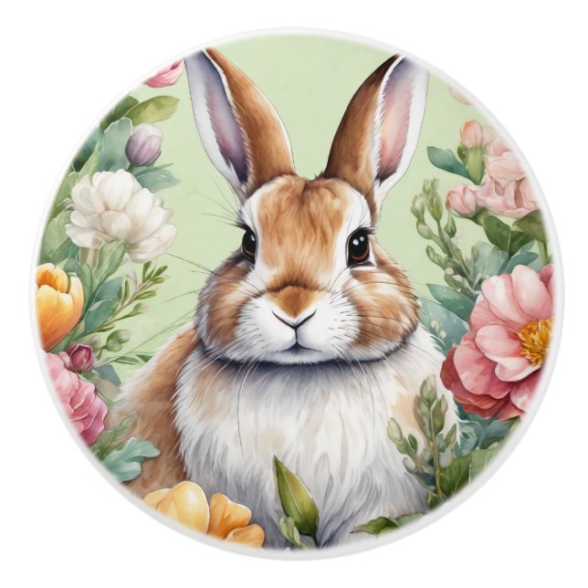 Cute Floral Bunny Rabbit Ceramic Door Knob (Front)