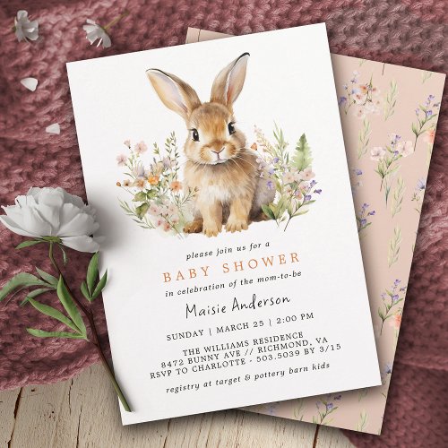 Cute Floral Bunny  Rabbit Spring Baby Shower Invitation