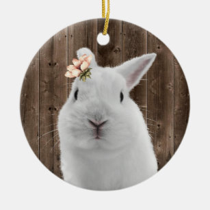 Cute Floral Bunny White Rabbit Barn Wood Ceramic Ornament