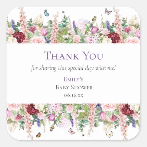 Cute Floral  Butterflies Thank You Baby Shower Square Sticker