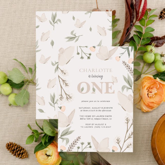 Cute Floral Butterfly Is Turning One 1st Birthday Invitation (Easily personalize this sweet baby's first birthday invite with your unique details)