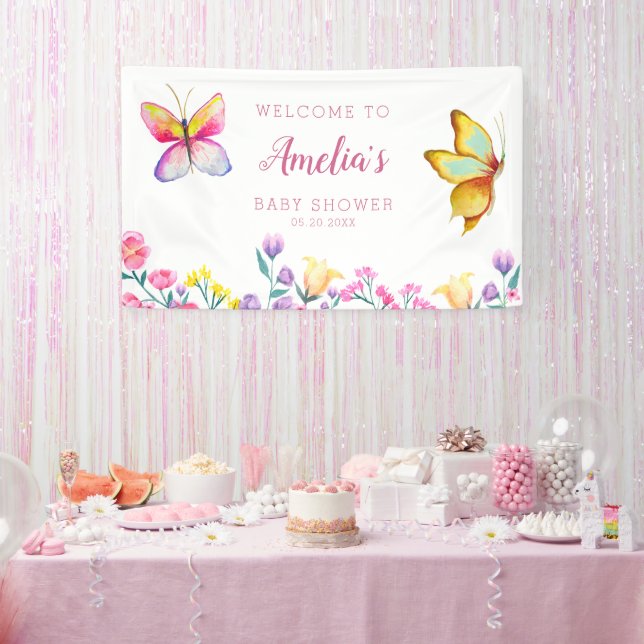 Cute Floral Butterfly Pink Baby Shower Banner (Party)