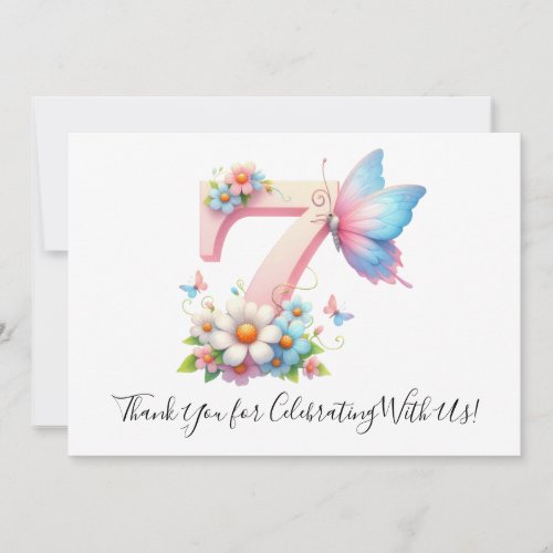 Cute Floral Butterfly Seventh Birthday Thank You 