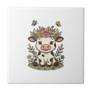Cute Floral Calf Vintage Engraving Vector Design_1 Ceramic Tile