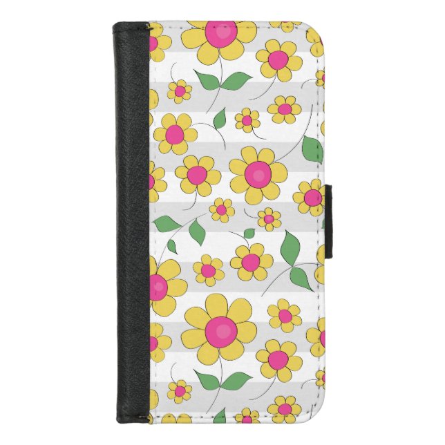 Cute floral cartoon design yellow daisy doodles  iPhone wallet case (Front)