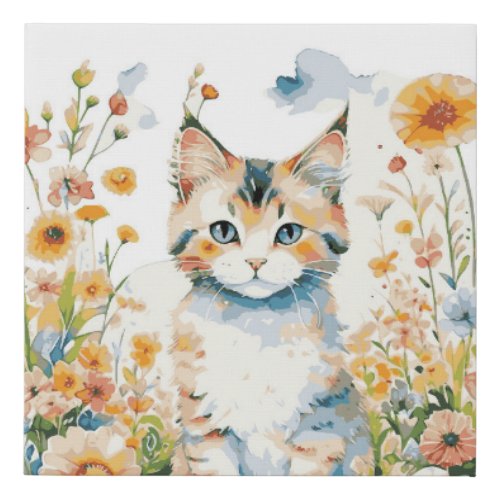 Cute Floral Cat baby Faux Canvas Print