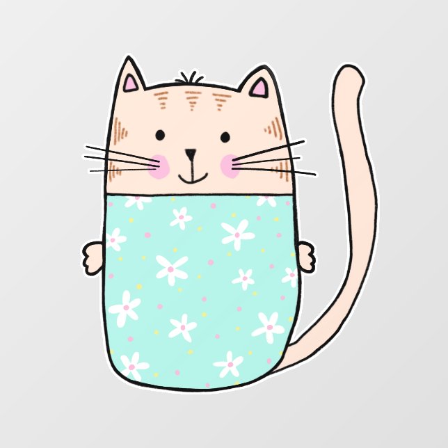 Cute floral cat illustration wall decal  (Front)