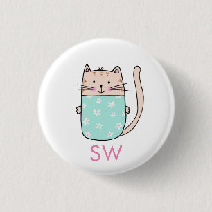 Cute Floral Cat Initials Monogram Button