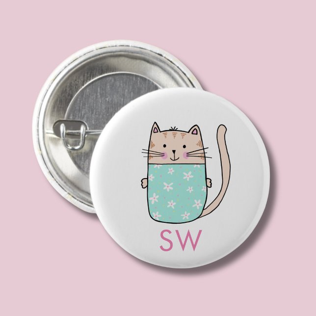 Cute Floral Cat Initials Monogram Button (Kitty Cat personalized button)