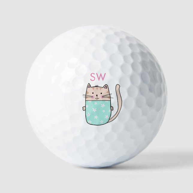 Cute Floral Cat Initials Monogram Golf Balls (Front)