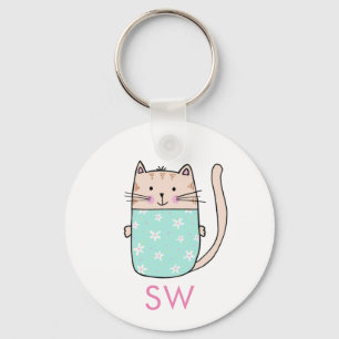 Cute Floral Cat Initials Monogram Keychain