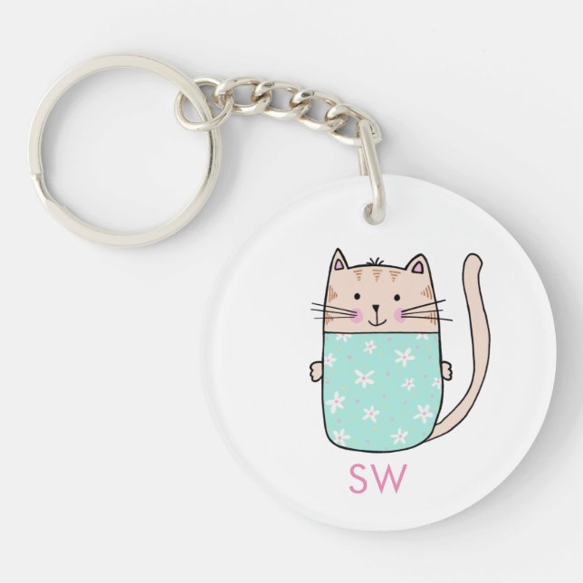 Cute Floral Cat Initials Monogram Keychain (Front)