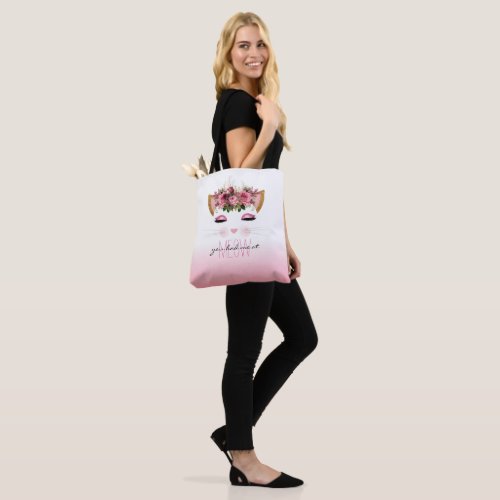 Cute Floral Cat Pink Ombre Tote Bag