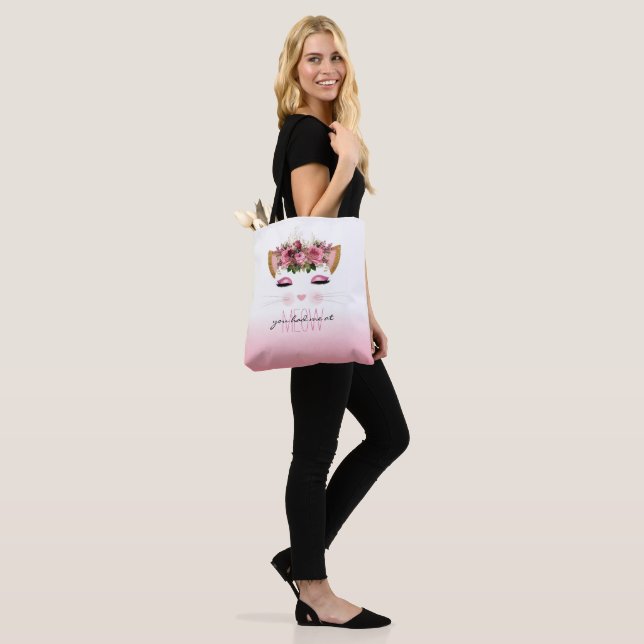 Cute Floral Cat Pink Ombre Tote Bag (On Model)