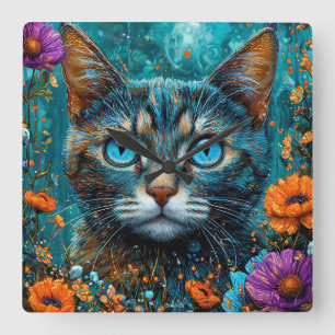 Cute Floral Cat Square Wall Clock