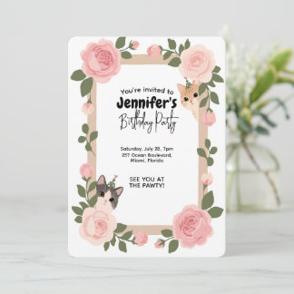 Cute floral cat-themed birthday invitation